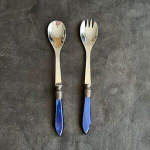 Blue & Silver Salad Serving Set 18/10 Inox France Stainless Steel